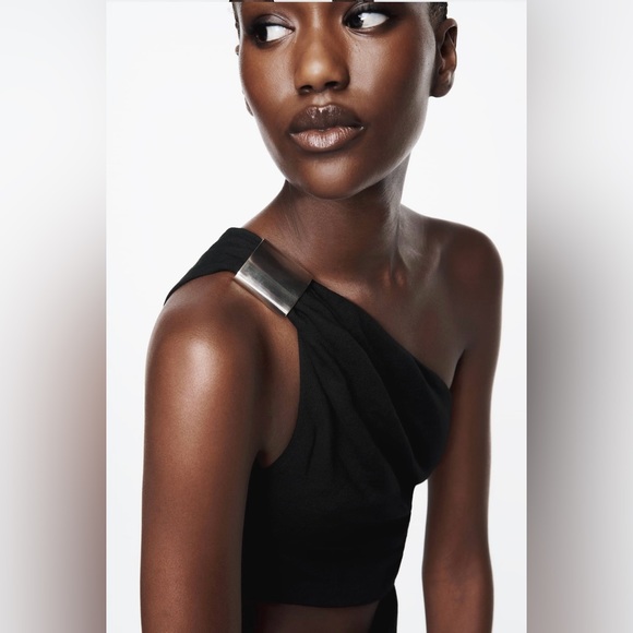 ZARA NWT Women’s Black Asymmetric MIDI Cut Out Dress Gold Applique Size Small - Picture 6 of 9